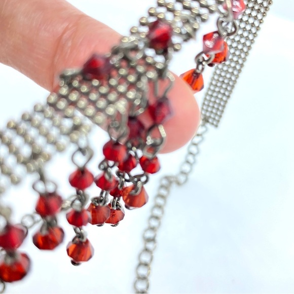 Gunmetal Mesh Choker with Red Bead Dangles - Picture 2 of 2
